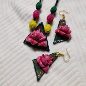 Lotus on triangle pendent and ear rings set ( 1 necklace and 2 ear rings )
